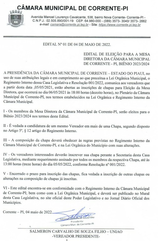 PUBLICADO EDITAL DE CONVOCAÇÃO DE ELEIÇÃO DA MESA DIRETORA PARA